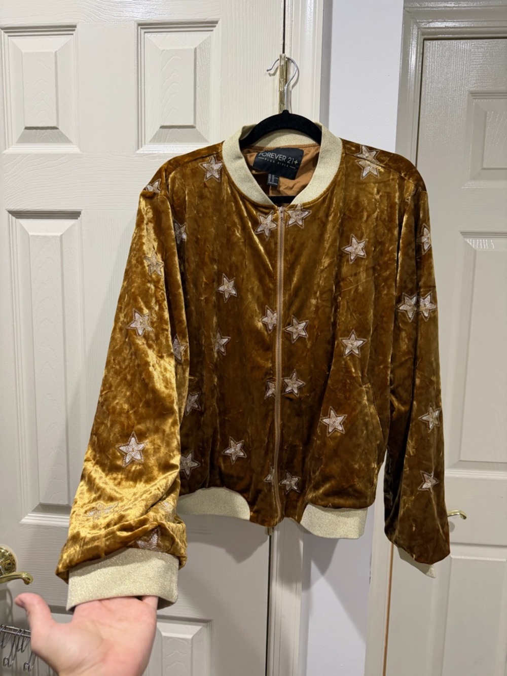 Forever 21 Metallic Gold Velvet Star-Embroidered Bomber Jacket